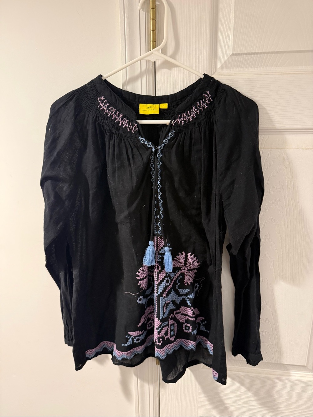 Roller Rabbit Black Embroidered Peasant Blouse with Blue & Pink Tassels